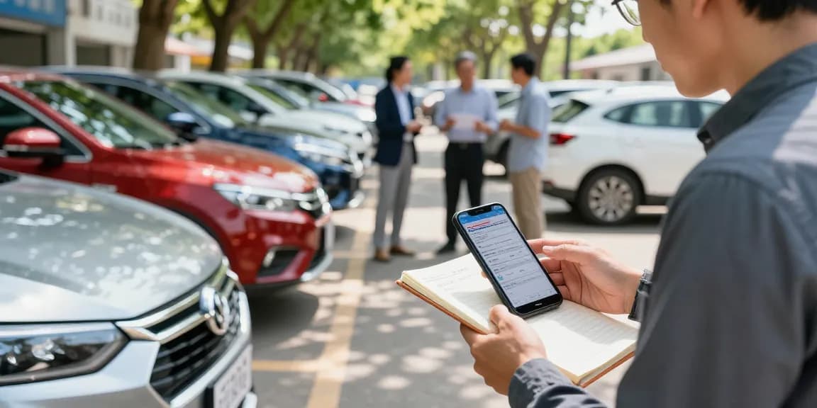 Individual conducting a vin check at a used car lot, ensuring informed buying decisions.