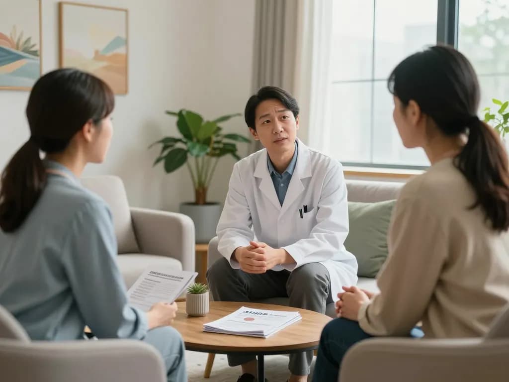 Consultation on ADHD 成人 symptoms with a psychiatrist in a calming clinic.