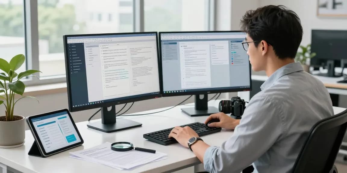 IT specialist focusing on document fraud detection in modern workspace.