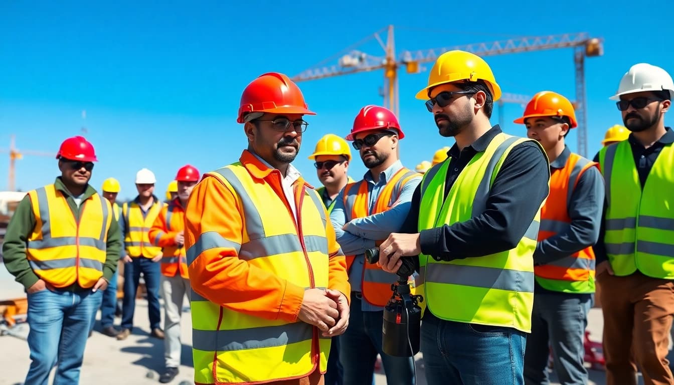 Engaged participants in construction safety training showcasing teamwork and protective gear.
