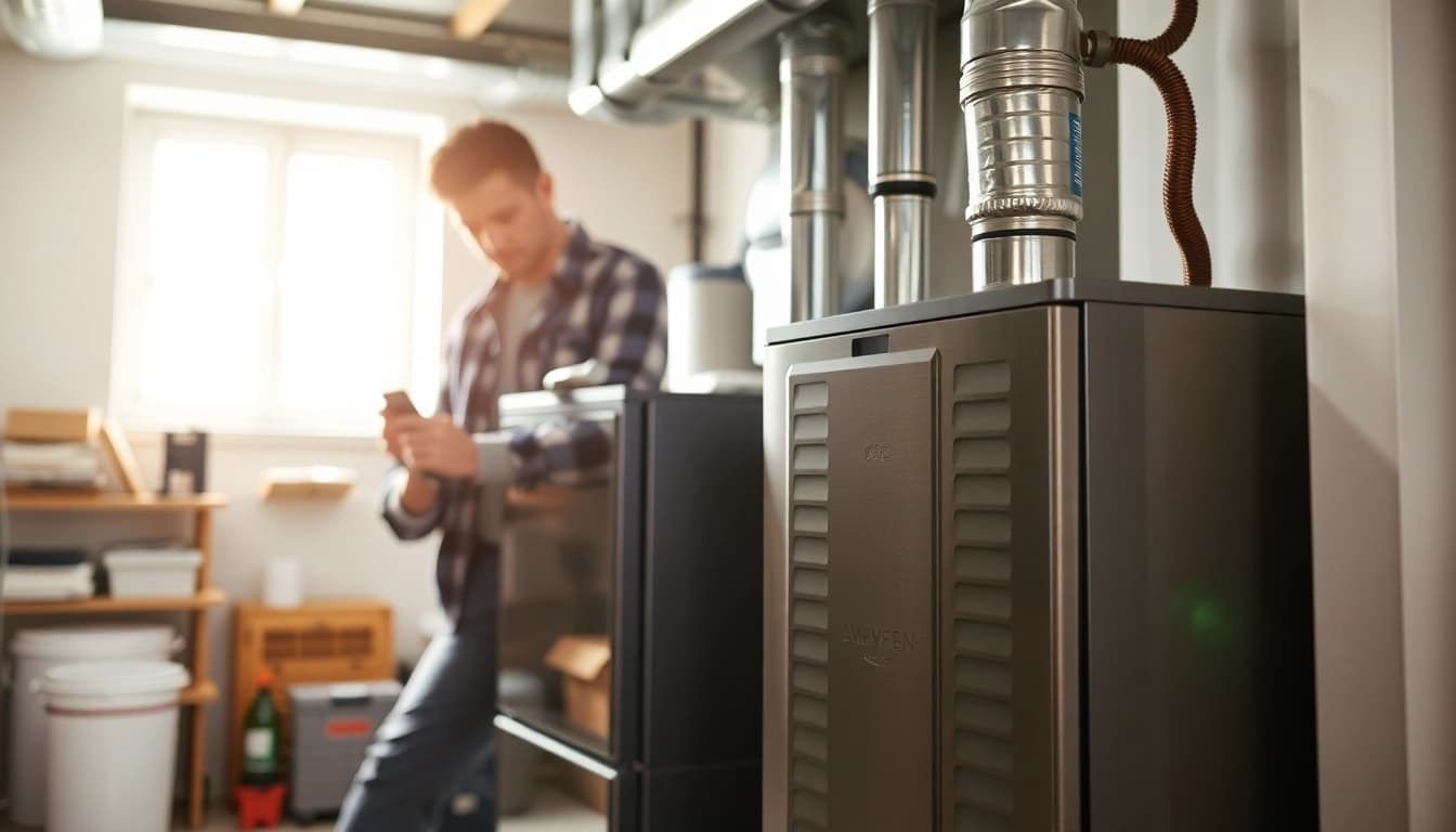 Installation of an American Standard furnace Canada showcasing a technician working diligently on a modern unit.