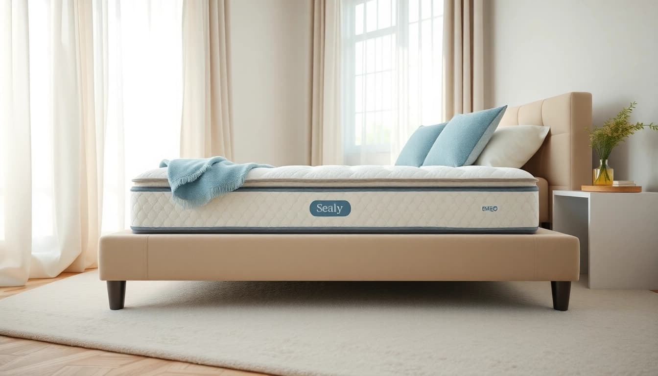 Relaxing bedroom scene showcasing a Sealy Posturepedic mattress with soft textures and elegant decor.