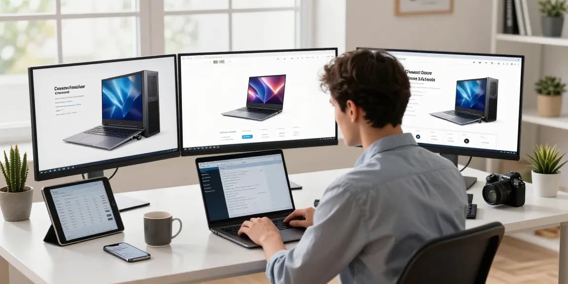 Professional workspace showing a user focused on a laptop with refurbished PC specifications and customer reviews, highlighting the tech retail experience.