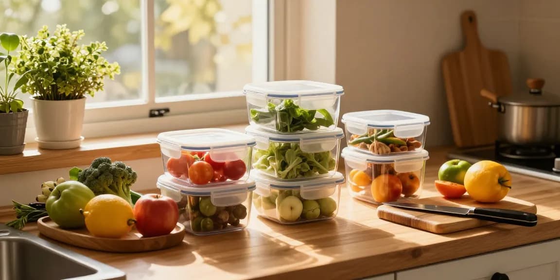 Airtight food storage containers organized with fresh produce in a warm, sunlit kitchen, showcasing a cozy culinary atmosphere.