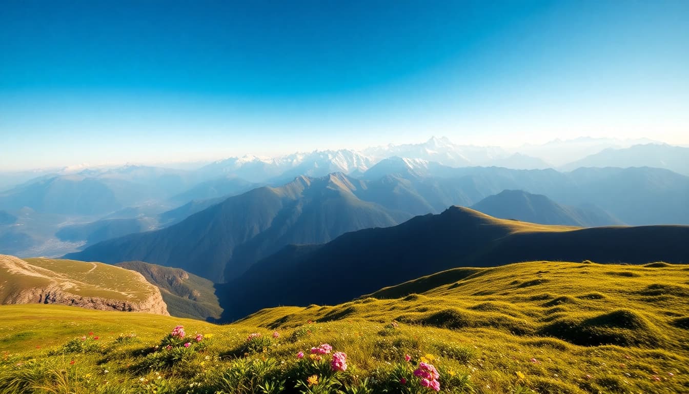 Stunning view from the Sandakphu trek showcasing snow-capped mountains and vibrant meadows.