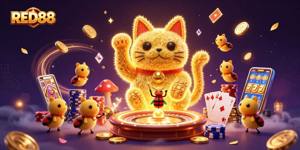 Experience the excitement at RED88 with a vibrant lucky cat and casino symbols in action.