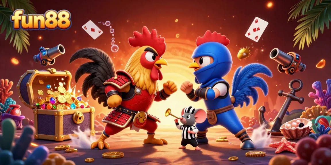 Engage in thrilling fun88 gameplay with a dramatic standoff between rooster warriors in a rich casino atmosphere.