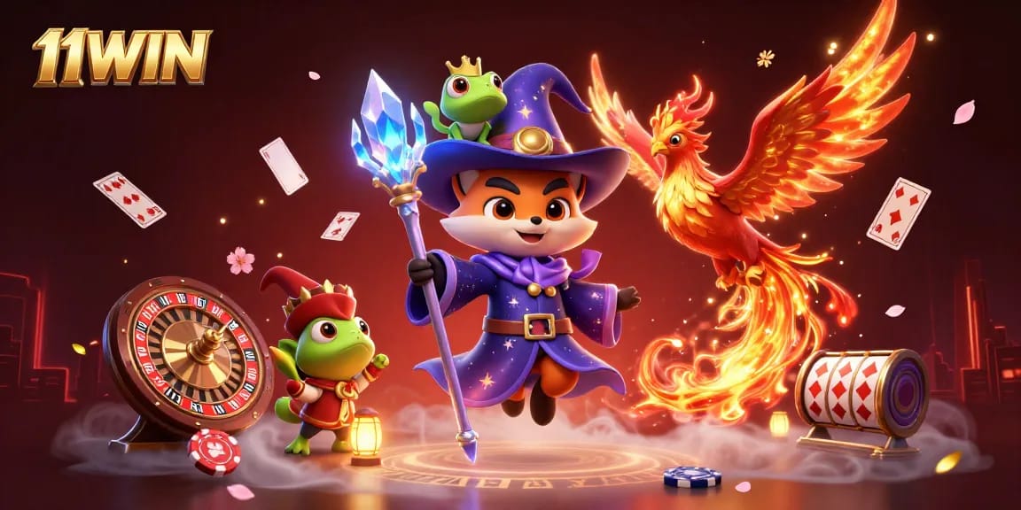 Experience thrilling moments with 11WIN in a vibrant 3D casino scene featuring gaming elements.