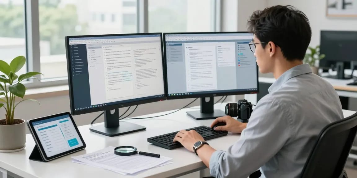 IT specialist focusing on document fraud detection in modern workspace.