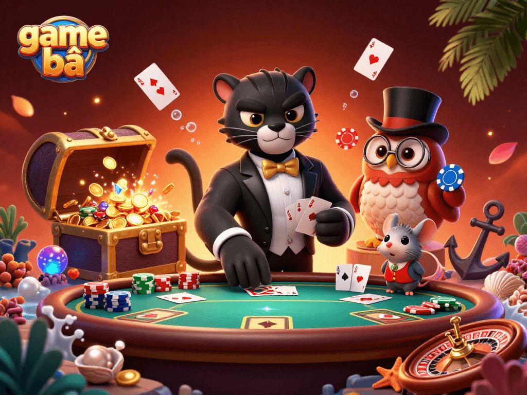 Engage with thrilling game bài action, featuring a stylish panther dealer and vibrant casino elements.