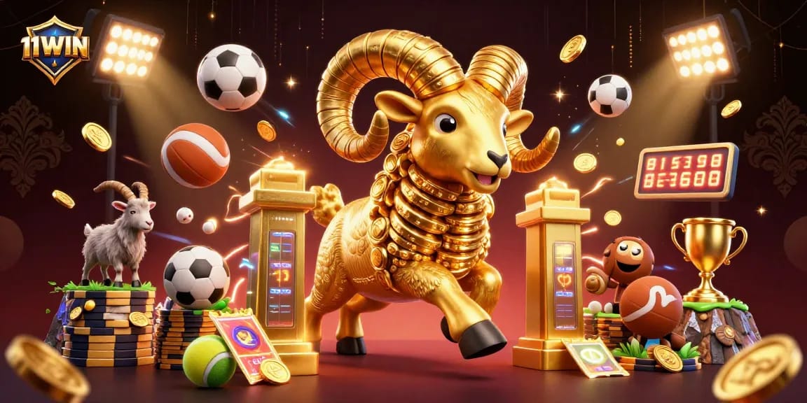 Spin with 11WIN as a golden ram charges through a vibrant sports betting scene!