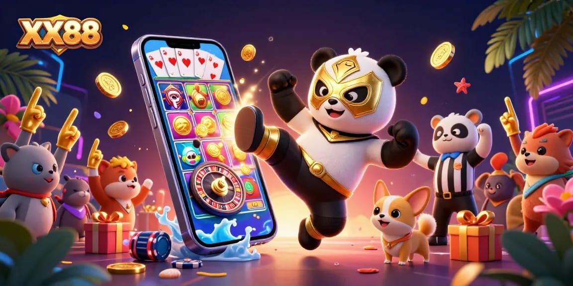 Experience the thrills of XX88 with a vibrant scene of cartoon characters in a colorful casino setting.