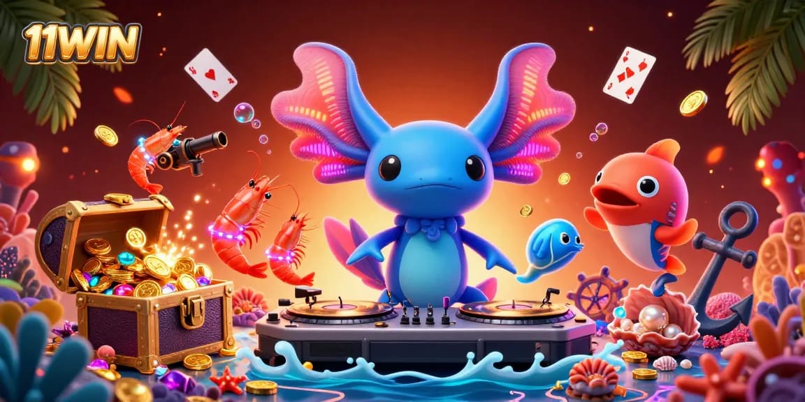 Experience vibrant 11WIN dynamism with a neon axolotl DJ and treasure elements in an underwater casino scene.