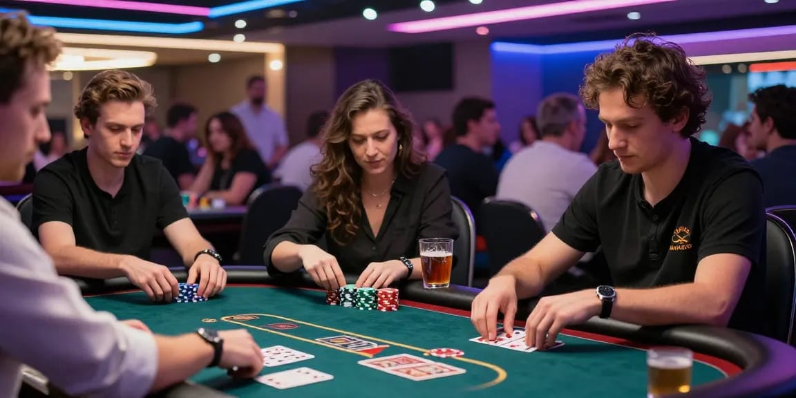 Players engaging at a rokok88 poker table in a vibrant casino atmosphere.