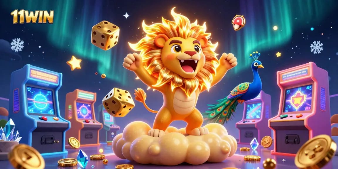 Experience the thrill of 11WIN with a dynamic casino-themed scene featuring animated characters and vibrant game elements.