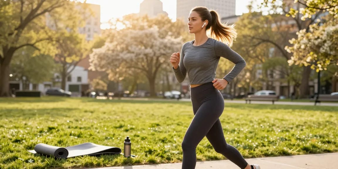 Woman in modest activewear jogging in a vibrant city park, showcasing stylish athletic gear.