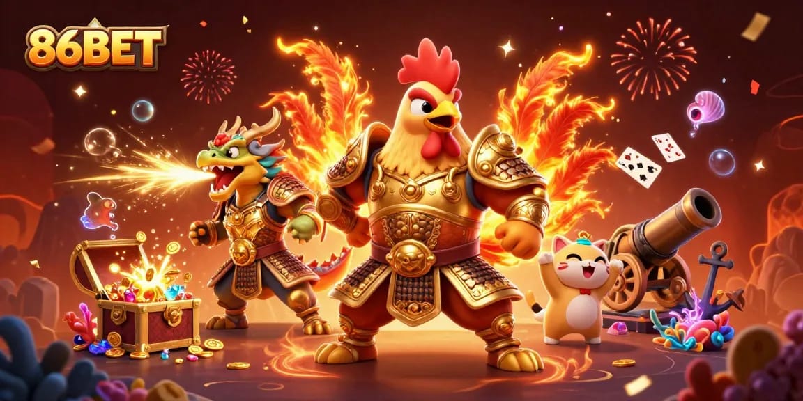Celebrate big wins at 86BET with a vibrant 3D casino scene featuring iconic characters and treasures!