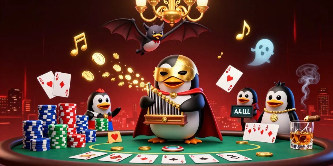 Experience thrilling gameplay at 11WIN with a vibrant 3D scene of a casino penguin and poker elements.