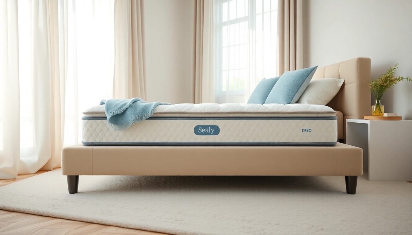 Relaxing bedroom scene showcasing a Sealy Posturepedic mattress with soft textures and elegant decor.
