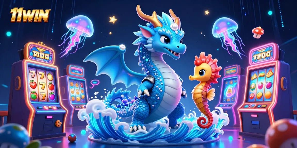 Engage with 11WIN's vibrant slot games featuring a majestic dragon and seahorse knight in a dynamic casino scene.