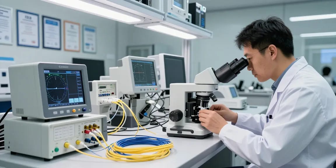 Technician testing fiber optic connectors in a modern telecommunications lab.