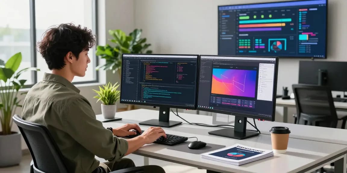 Refurbished pc in a modern tech workspace with coding displays and productivity tools.