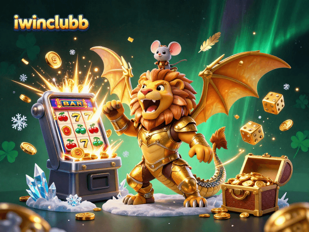 A thrilling iwinclubb scene showcasing a golden chimera and a mouse jockey amidst a jackpot explosion of coins.