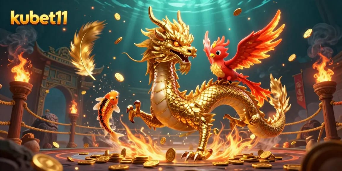 Experience thrilling gaming action with kubet11, featuring a dragon and lucky koi in a stunning casino scene.