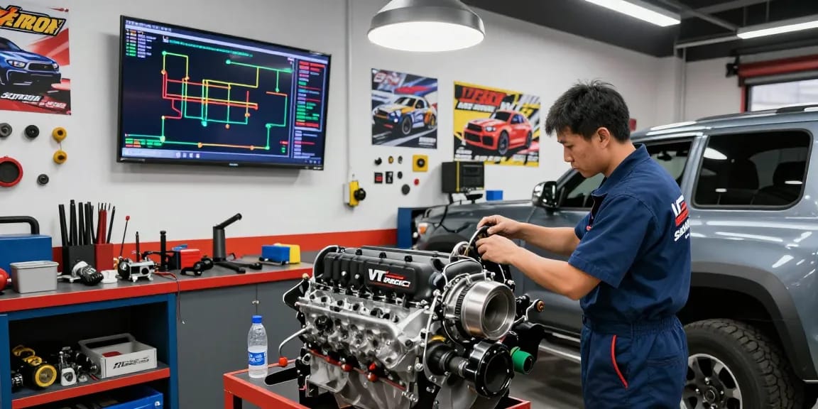 VT Racing Supercharger installation on a Toyota Tacoma in a bright garage setting.