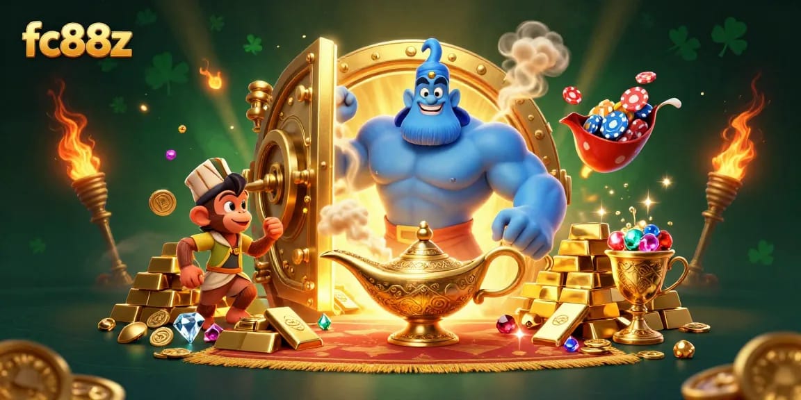 Experience the thrill at fc88z with a magical illustration of a genie and poker chips amidst treasure.
