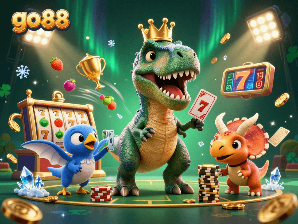 Experience go 88 with a playful T-Rex and sports-themed casino elements in 3D.