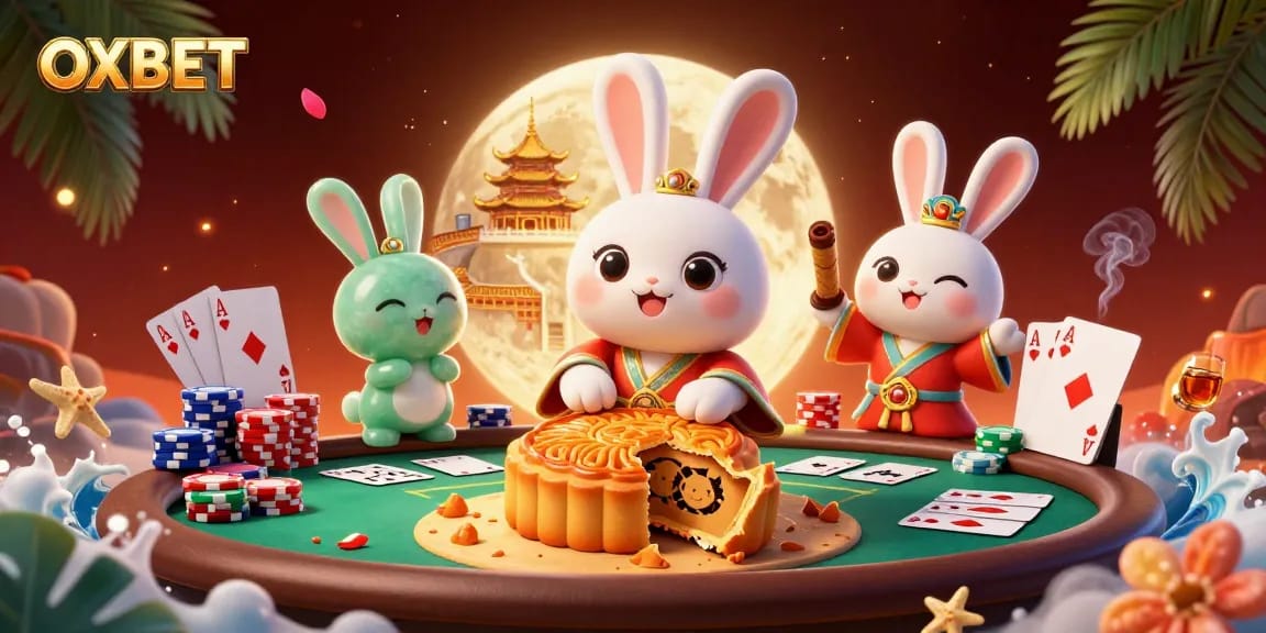 Experience OXBET's exciting gaming atmosphere with 3D illustrated moon rabbit and poker elements.