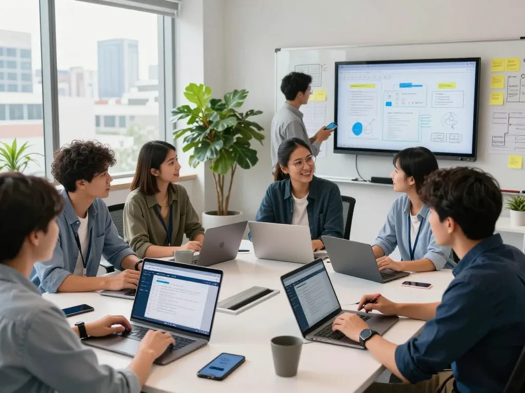 A collaborative team brainstorming in a modern workspace with WPS 下载 on laptops, emphasizing productivity and innovation.