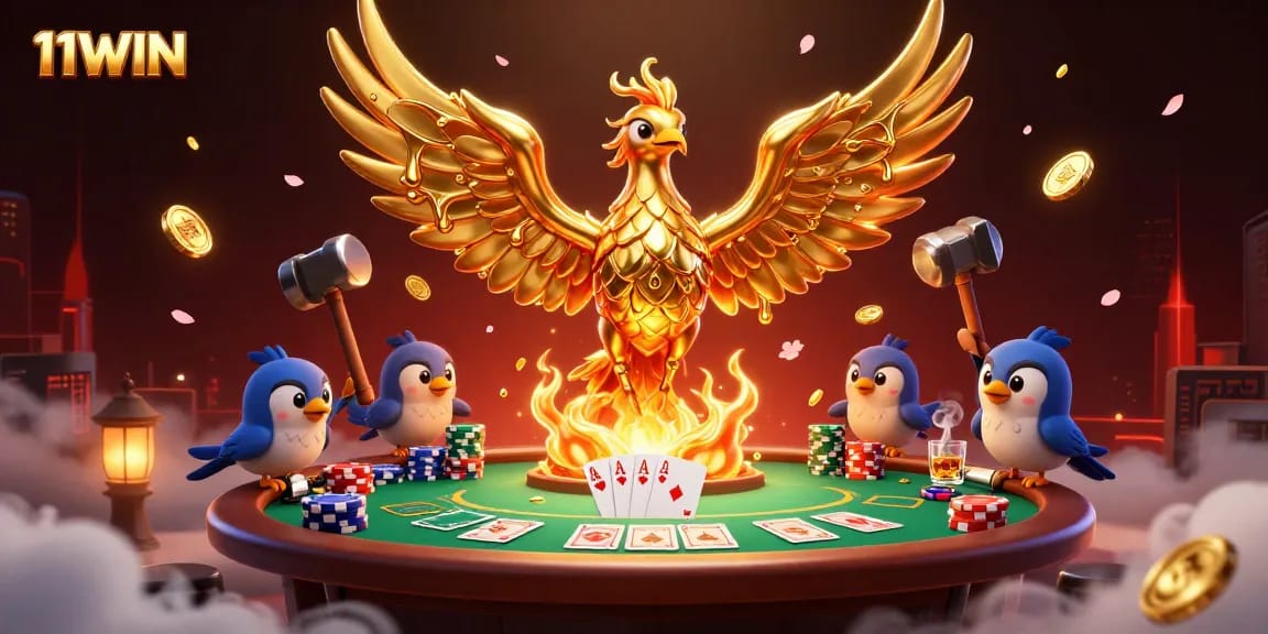 11WIN illustrates a vibrant casino scene with a golden phoenix and poker elements showcasing exciting gameplay.