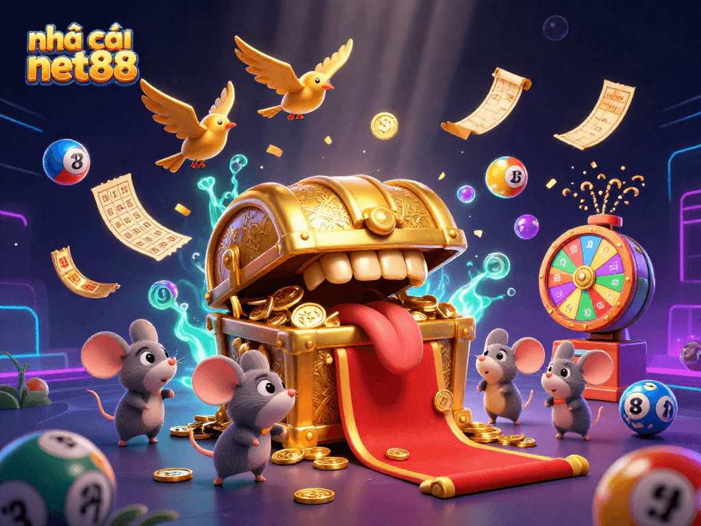 Engage with nhà cái net88's lottery scene showcasing excitement with gold coins and colorful lottery elements.