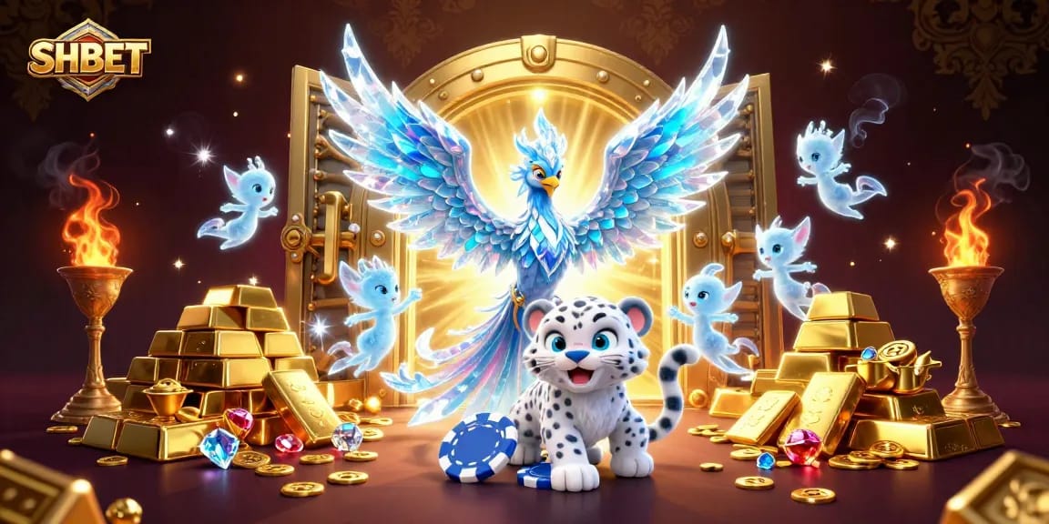 Win with SHBET's colorful casino games, featuring an ice phoenix, leopard cub, and treasure-themed elements.
