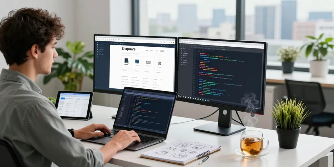 Shopware Agency professional freelancer optimizing an online store in a modern e-commerce workspace