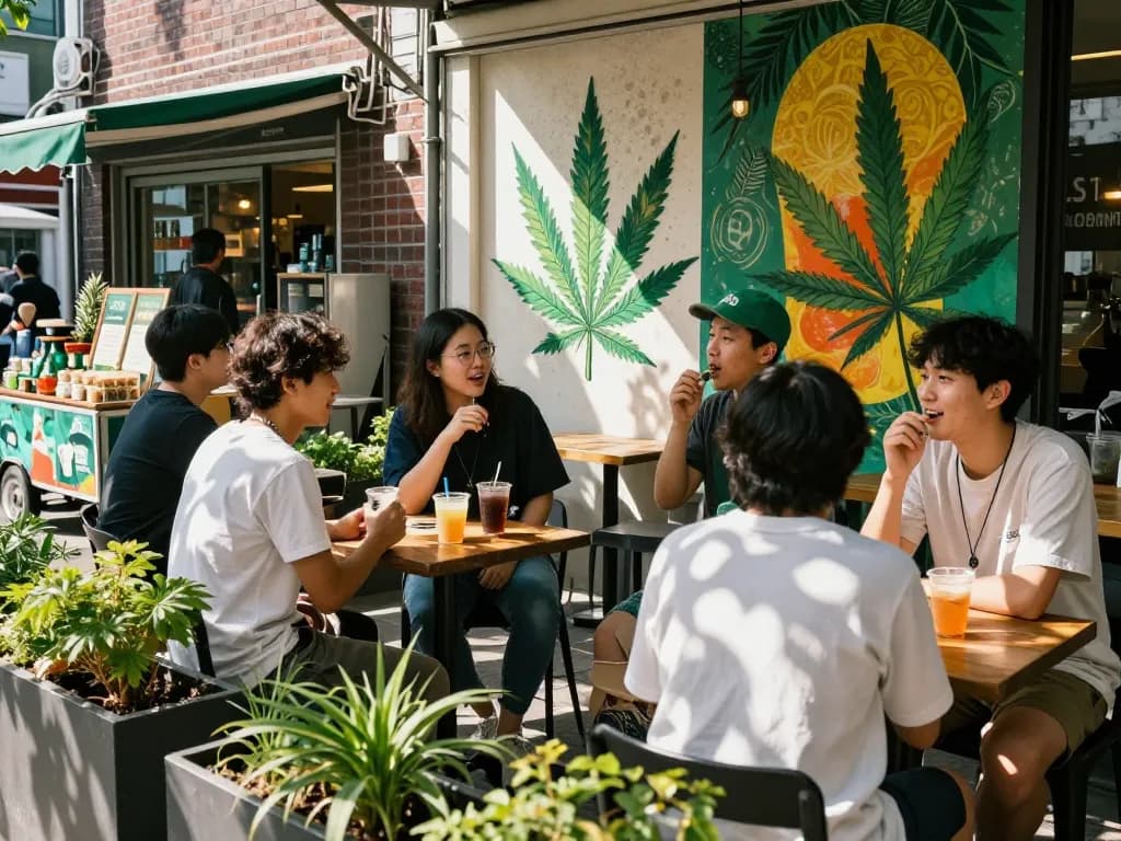 Group of friends discussing where i can get weed at a café in Seoul's vibrant outdoor setting.
