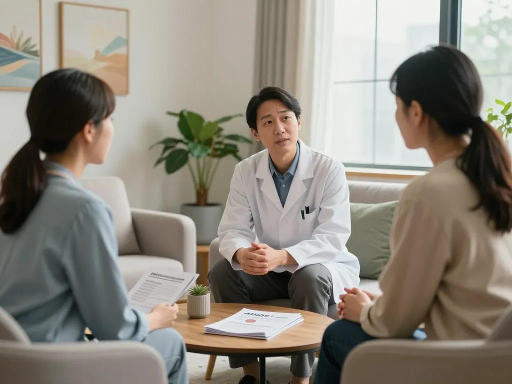 Consultation on ADHD 成人 symptoms with a psychiatrist in a calming clinic.