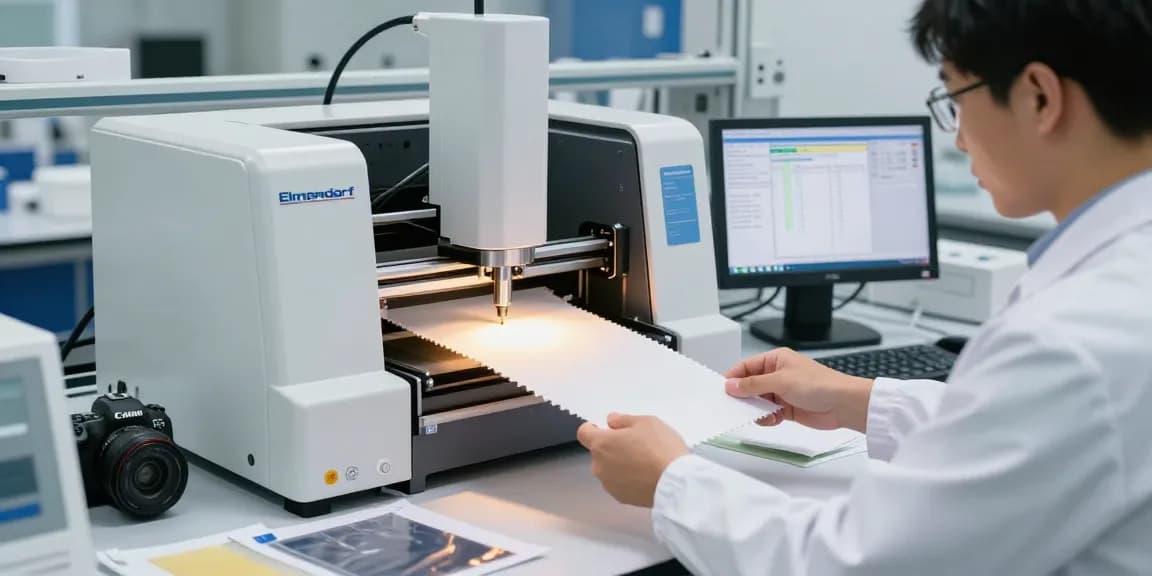 Elmendorf tearing tester in a high-tech lab measuring fabric tear resistance.