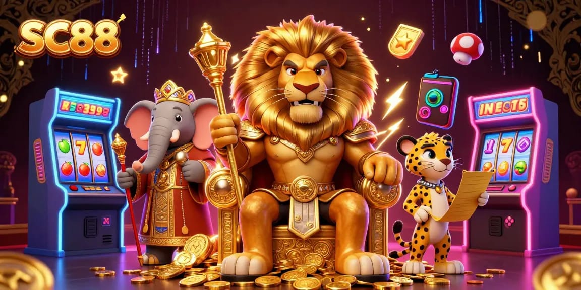 Engage with SC88 for thrilling casino adventures featuring slots, a royal lion, and vibrant game elements.