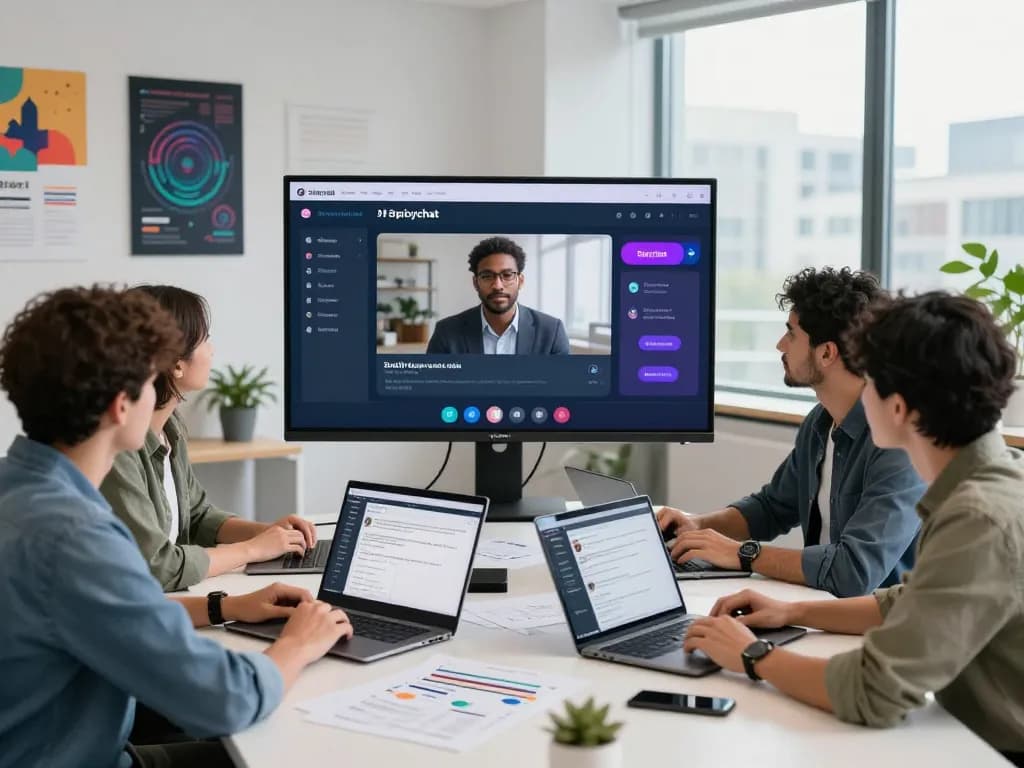 Team discussing spicychat features in a modern office environment with AI visuals.
