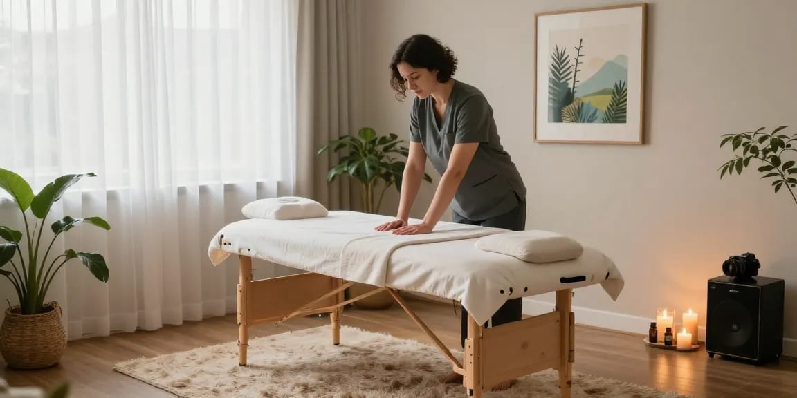 Professional massage therapist preparing a cozy home environment for 부평출장안마 session with calming elements.