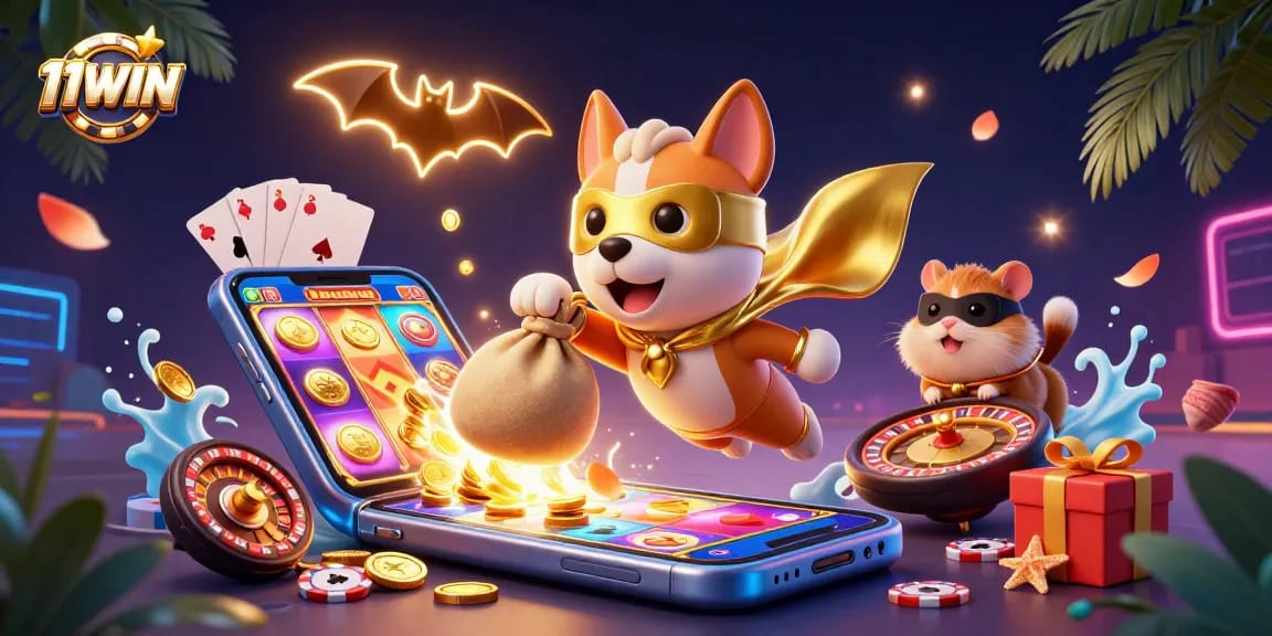 11WIN showcases a superhero dog and sidekick in a vibrant casino scene, delivering excitement and rewards.