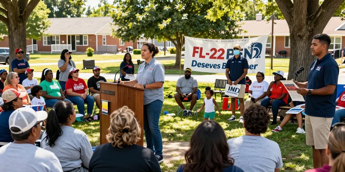 Casey Askar engaging with voters at a town hall in FL-22, showcasing a community-focused campaign atmosphere.