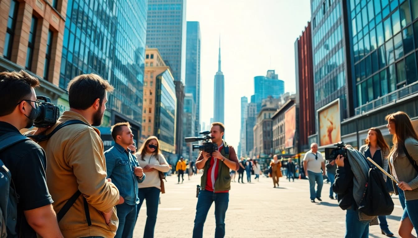 Location scouting in urban settings with filmmakers reviewing potential shooting locations.
