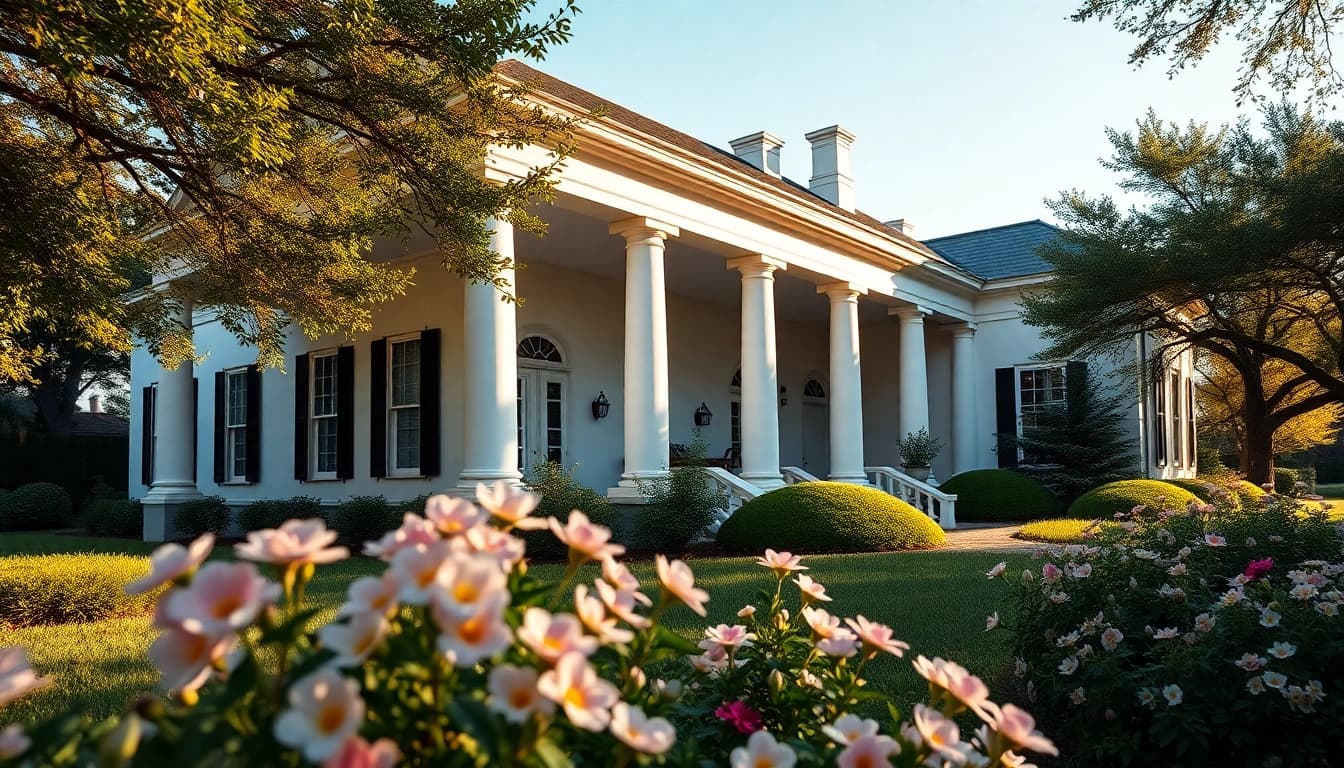 Colonial home renovation highlighting classic architecture and blooming gardens.