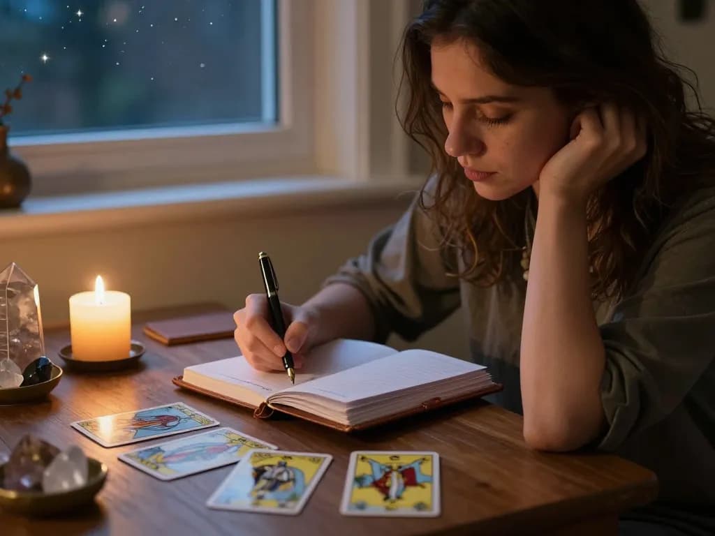 Why do I keep attracting the same partner? Reflective journaling with tarot cards in a cozy, introspective setting.
