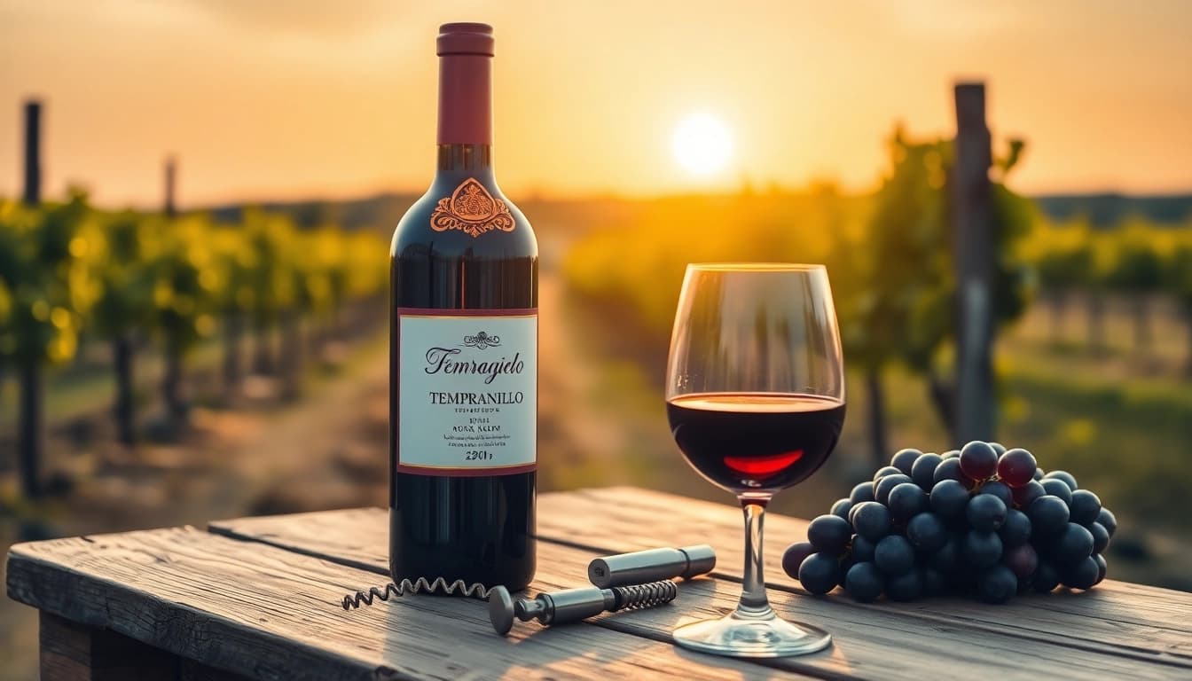 Tempranillo wine bottle on a rustic table with grapes in a warm vineyard setting.