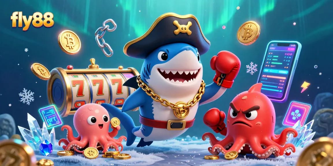Engage with fly88's thrilling casino adventures featuring a daring pirate shark and playful sea creatures.